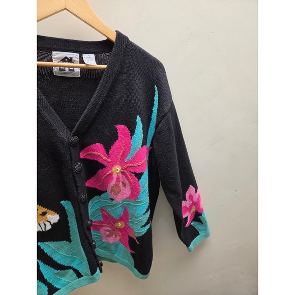 Storybook Knits Vintage Cheetah Floral Cardigan Sweater Black Pink Medium HSN - Picture 3 of 6